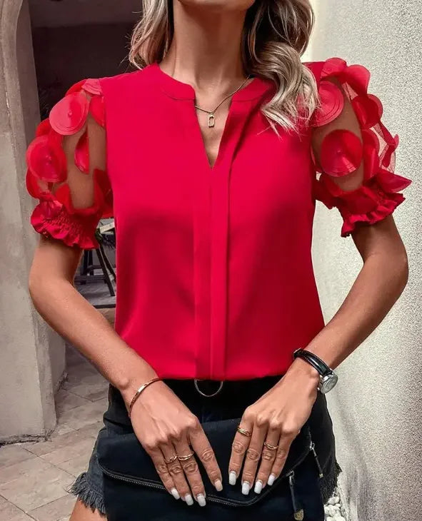 Women's Sexy V-Neck Puff Sleeve Blouse  Semi-Sheer Mesh Panels Short Sleeve Summer Top  Solid Red Machine Washable for Spring