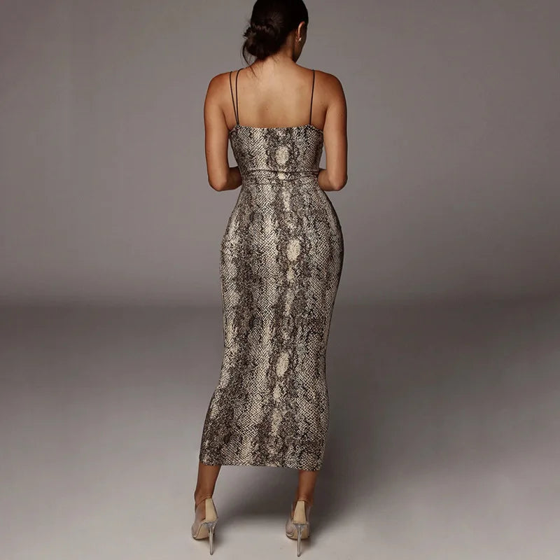 Leopard Sleeveless Dress - Slim Fit High Waist Spaghetti Strap Summer Party Gown