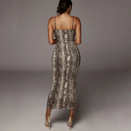 Leopard Sleeveless Dress - Slim Fit High Waist Spaghetti Strap Summer Party Gown