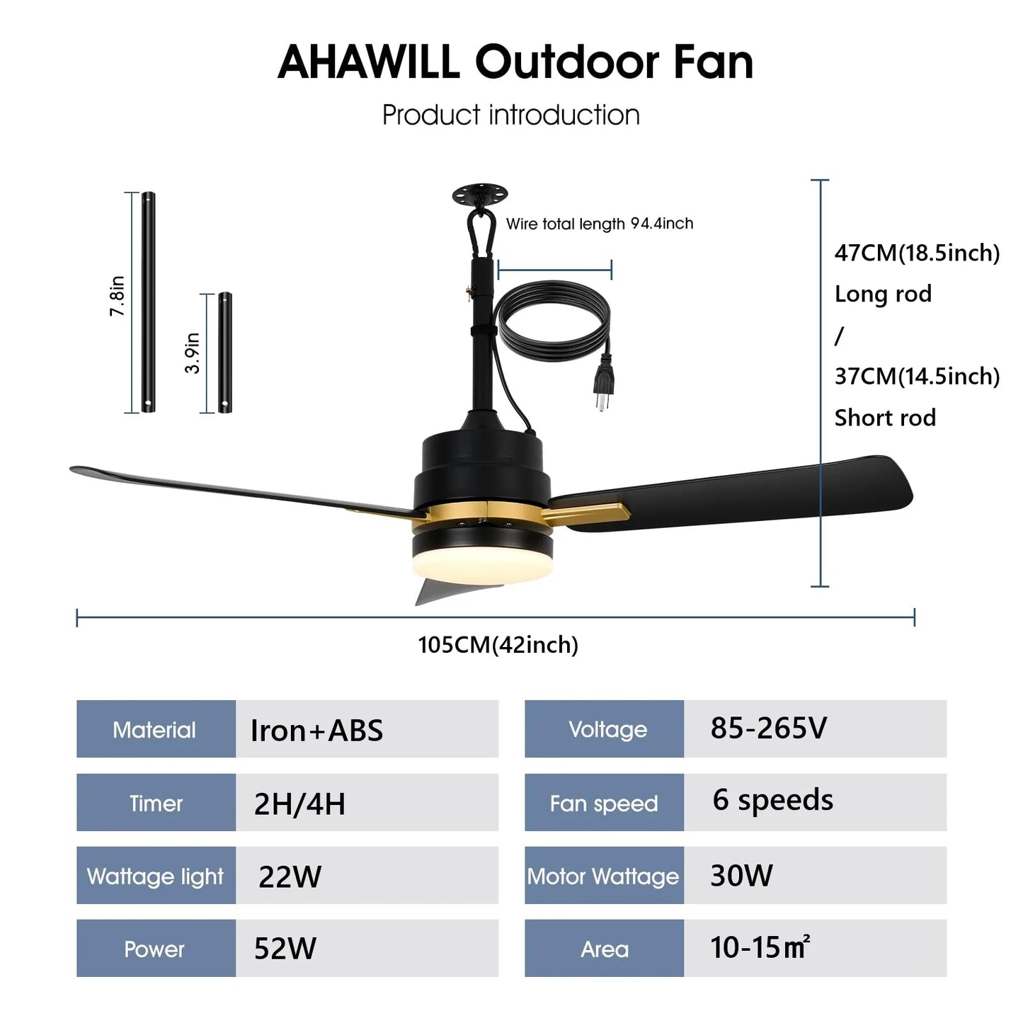 Sealing Led Ceiling Fan with Light Remote Control EU/US Standard Black/Gold Ceiling Lamp Fan 105cm Electric Fan Light Fixture