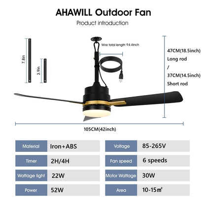 Sealing Led Ceiling Fan with Light Remote Control EU/US Standard Black/Gold Ceiling Lamp Fan 105cm Electric Fan Light Fixture