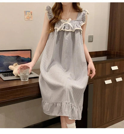 Women Korean Sweet Plaid Bow Design Nightgown with Straps Sleep Dress Cute Summer New Loungewear Y2K Nightgown with Built-in Bra