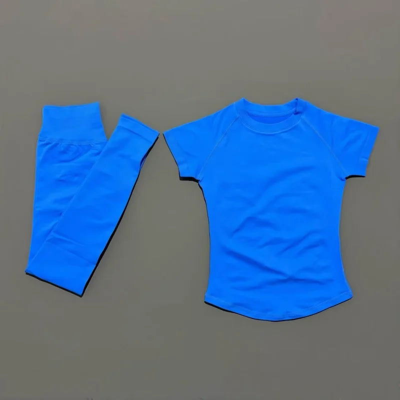 2 Piece Women Solid Color Set Summer Casual Short Sleeve T-Shirt High Waist Long Pants Soft Breathable Tracksuit Daily Outfit