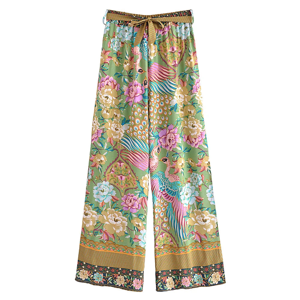 Boho Queens Women Peacock Floral Print Outfits Short Kimono Robe Bohemian Suits Wide Leg Pants 2 Pieces Rayon Boho Sets Swimsuit