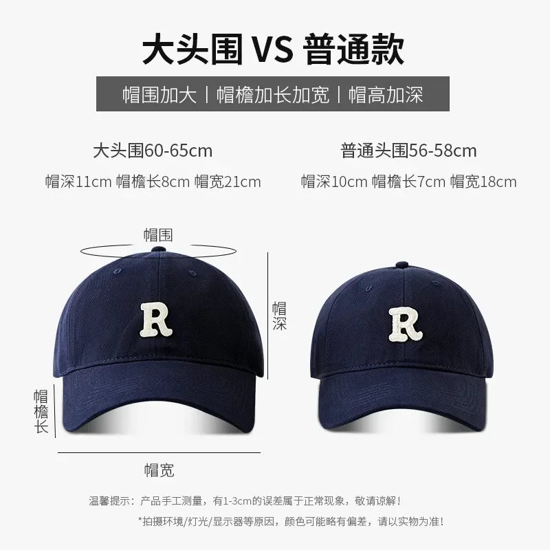 2025 Large Head Circumference Baseball Cap Men's /Women's Dome Hat Soft Top Cap 60/65cm Sun Protection  Letter R Hat Adult Caps