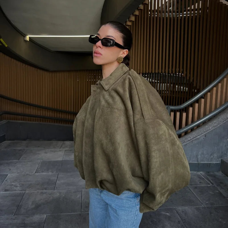 Vintage Suede Green Bomber Jacket Women Loose Lapel Full Sleeve Zipper Commute Coat 2025 Autumn Lady High Street All-match Coats