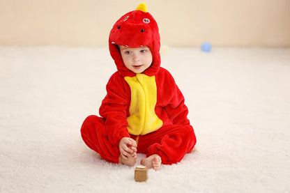 Baby Winter Rompers - Soft Polyester Hooded Jumpsuit With Animal Pattern, Machine Washable
