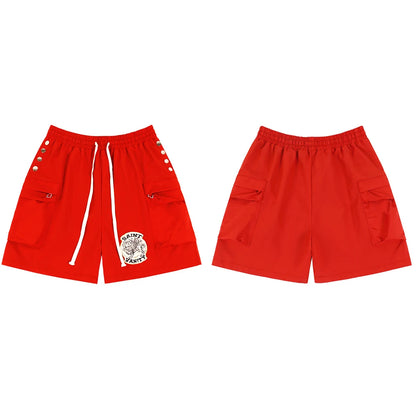 Side Button Embroidery Water Proof Thin Summer Shorts for Men Elastic Waist Drawstring Baggy Quick Dry Five Point Pants