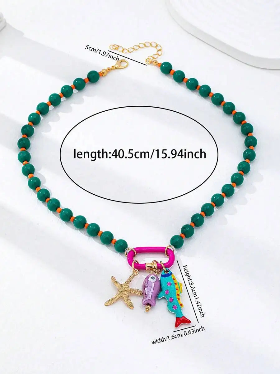 1pc Summer Beach Multi-Layer Resin Beaded Necklace, Colorful Fish & Starfish Charms, Boho Jewelry for Vacation & Beach Party