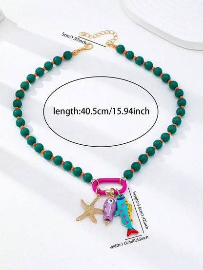 1pc Summer Beach Multi-Layer Resin Beaded Necklace, Colorful Fish & Starfish Charms, Boho Jewelry for Vacation & Beach Party