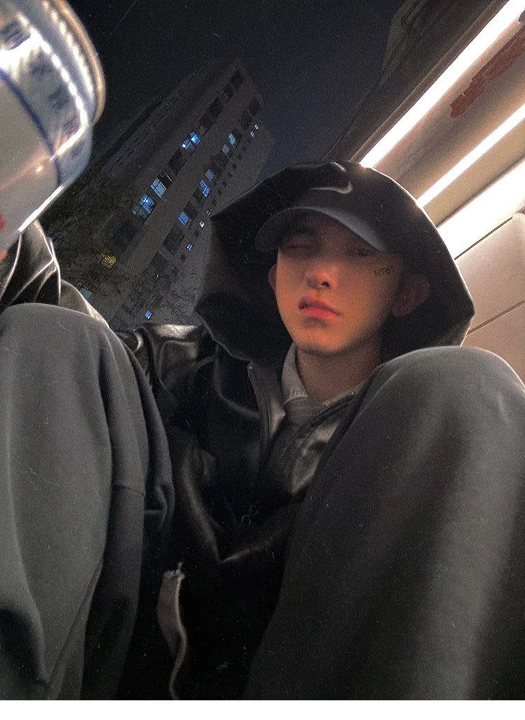 Mauroicardi Spring Autumn Short Oversized Black Soft Pu Leather Jacket Men with Hood Zipper Loose Casual Korean Fashion Clothes