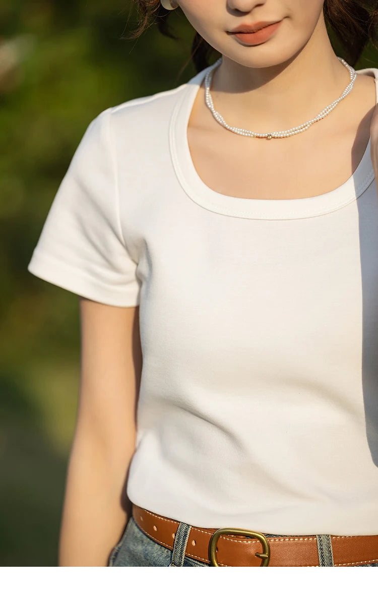 Women's Square-Neck T-Shirt – Elegant Cotton Short-Sleeve Top