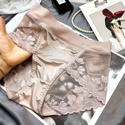 Women Luxury Satin panties Tummly control summer Sexy Lace briefs High waist Plus size Cotton crotch Breathable Underpants Linge