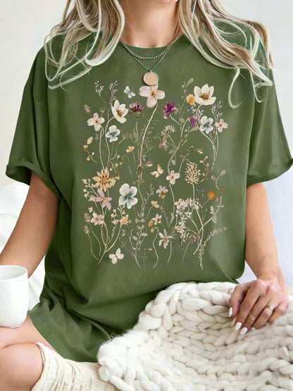 Beautiful Flower Clusters Printing Woman T-Shirt Summer Oversized Short Sleeve O-Neck Cotton T Shirts Y2K Women Sports Tops
