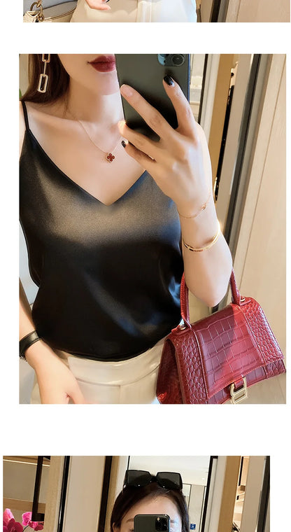 20246 Summer Camisole Slim Vest Sexy Women Sleeveless V-Neck Gray Tee Tank Tops Female Solid Black/White Korean Crop Tops Y2k