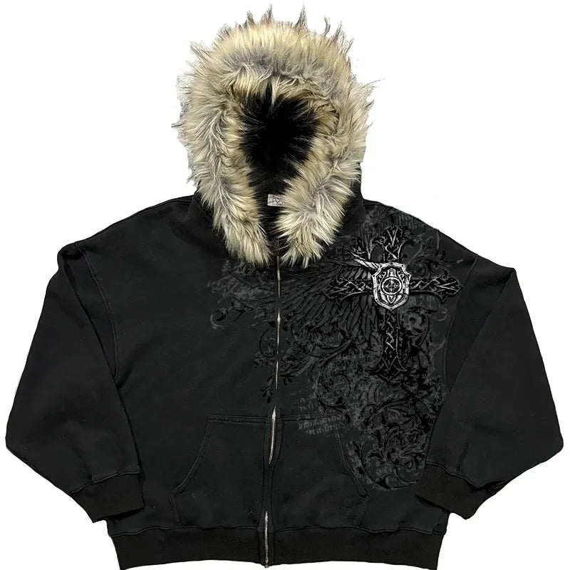 American Style Hip-Hop Style Y2K Autumn and Winter New Item Unisex Thick Print Warm Hoodie Jacket Zipper with Hat