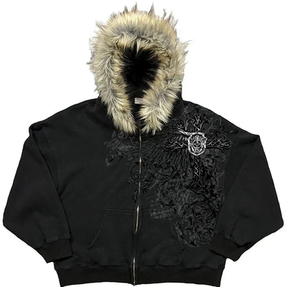 American Style Hip-Hop Style Y2K Autumn and Winter New Item Unisex Thick Print Warm Hoodie Jacket Zipper with Hat