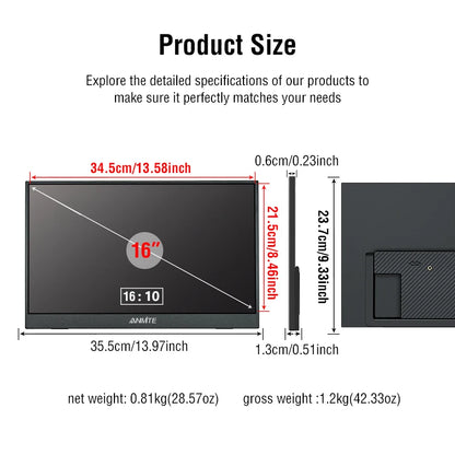 Portable Touch Monitor 16 Inch Gaming Screen - Matte HDR Portable Display with VESA Wall Mount
