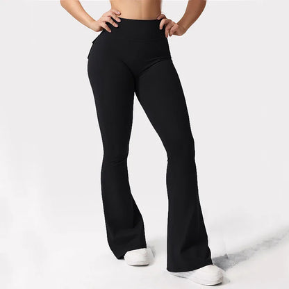 The Latest Women's Wide-leg High-elasticity Yoga Leggings Tooling Pockets Yoga Pants Hip-lifting Sports Fitness Pants Micro