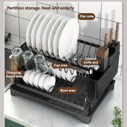 2-Tier Black Full Set Dish Drying Rack, 360° Rotating Drainboard with Utensil Holder, No-Drill Kitchen Organizer Gift