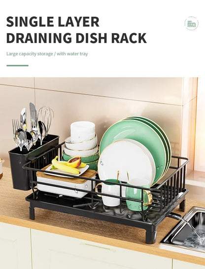 Metal Dish Draining Rack,Cutlery Rack With Drain Tray and Drip Line,Cup Holder,Cutlery Holder,Kitchen Countertop Storage Rack