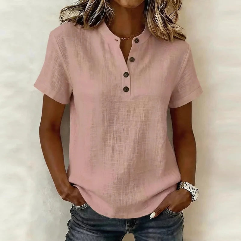 Summer Short Sleeve Basic Blouses Women's Shirts Solid Color V Neck Button Shirts Women Casual Cotton Linen Loose Tops Pullover