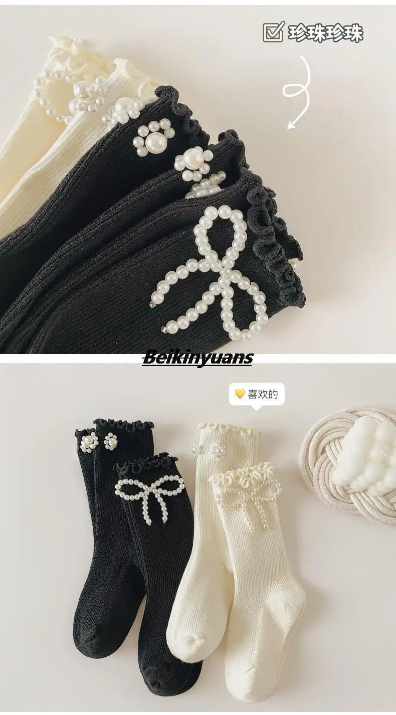 Kids Socks Sweet Bowknot Pearl Lace Stockings Girl Princess Wind Lolita Heap Socks Children Knee High Sock chaussette
