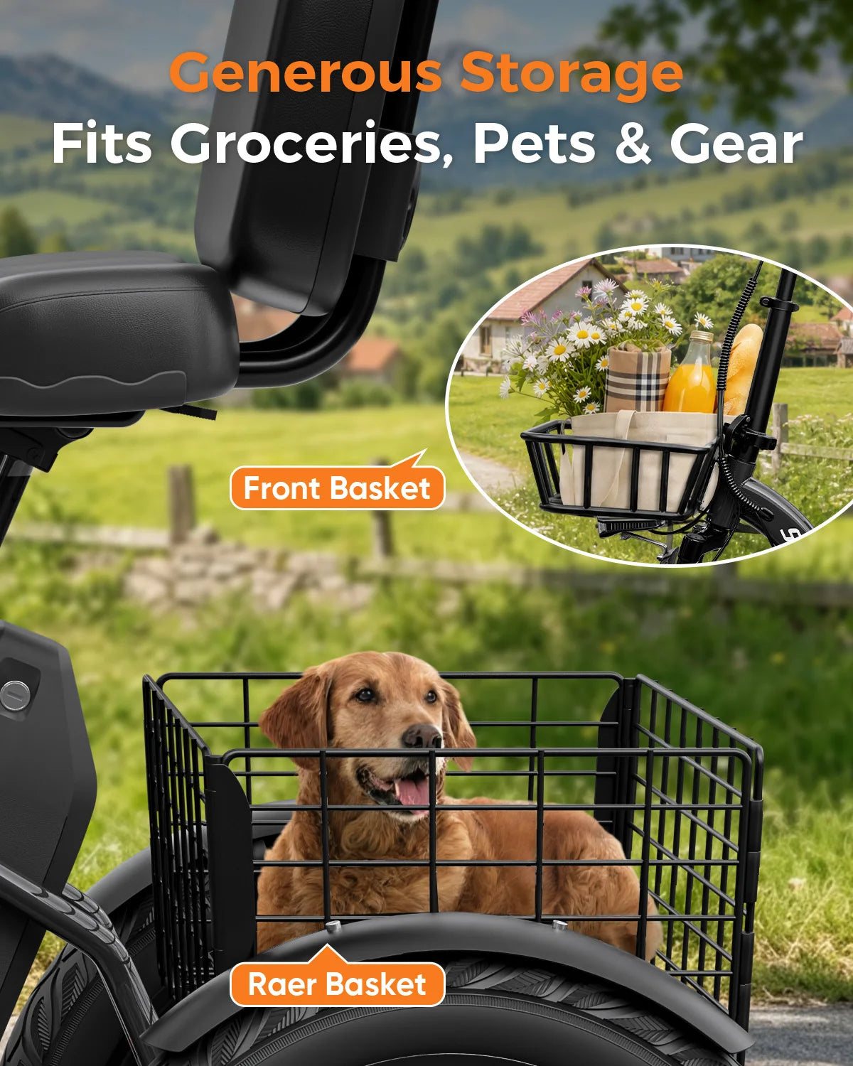 Spacewalk 1200W Peak Electric Trike for Adults, 48V 15Ah Battery 3 Wheel Electric Bike with 60 Miles Range, 18×3.0 Fat Tires, Dual Disc Brakes, Rear Cargo Basket, Adjustable Comfort Seat, Folding E Tricycle for Seniors-Black
