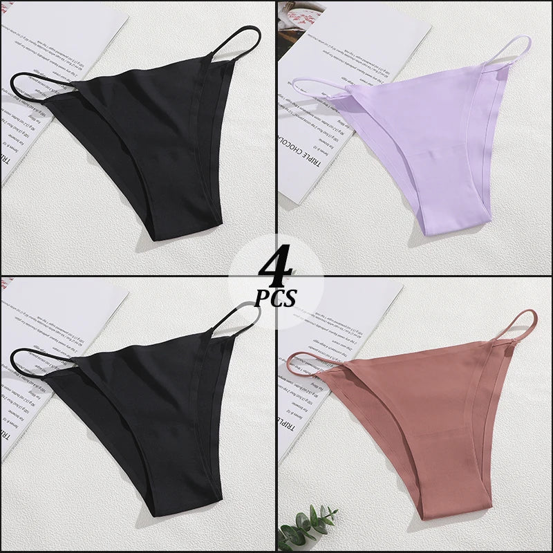 4PCS/Set Seamless Thin Strap Thong Underwear Women Low Rise Briefs Ice Silk Comfortable Panties Multi Color No Trace Lingerie