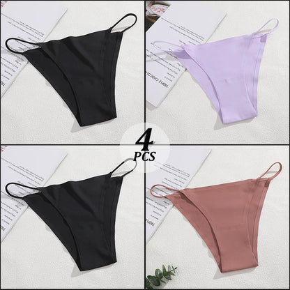 4PCS/Set Seamless Thin Strap Thong Underwear Women Low Rise Briefs Ice Silk Comfortable Panties Multi Color No Trace Lingerie