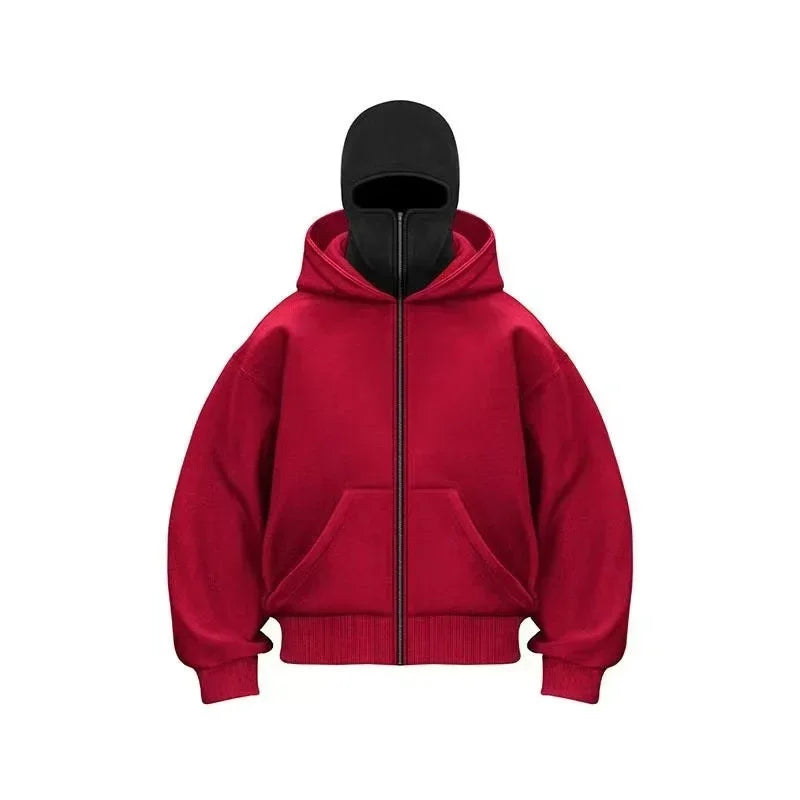 Balaclava Men Zip Hoodie Winter Warm Casual Sweatshirt Y2K with Hooded Face Mask Zipper Design Sports Jacket Outdoor Activities