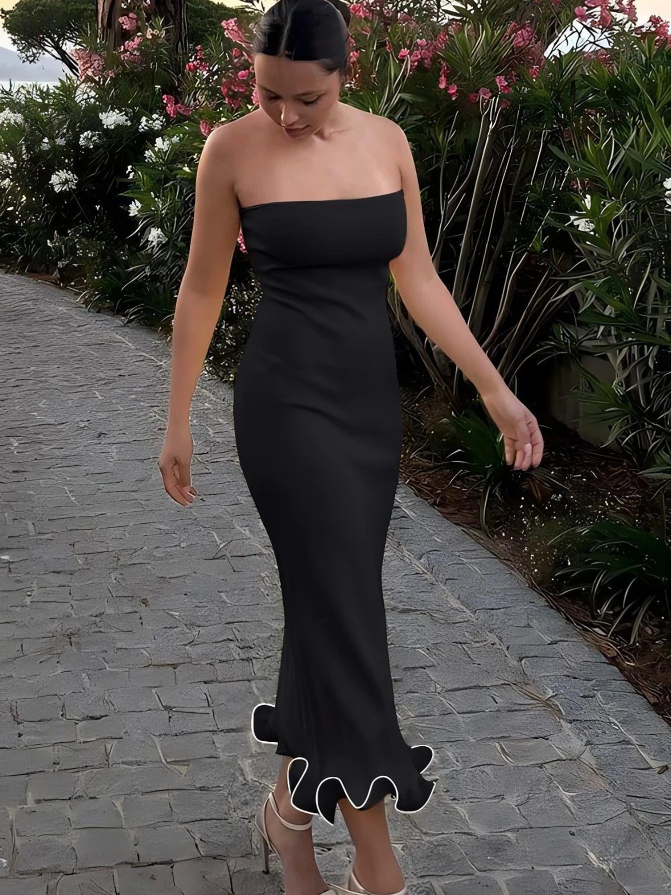 Sleeveless Ruffle Bodycon Midi Dress - Womens Solid Party Clubwear for Autumn Winter