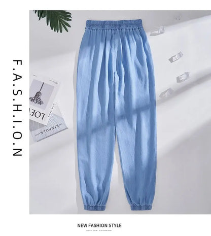 Plus Size Ice Silk Denim Pants Yoga Sports Thin Loose Style Women's Summer Casual Wide Leg Pants Harajuku Style Loose Waist