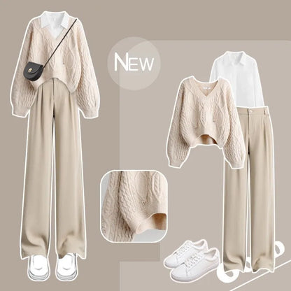 Women Autumn/Winter Suit 2025 New Fashion Hole Knitted Sweater White Shirt Casual Pants 3-Piece Set Korean Elegant Matching Set