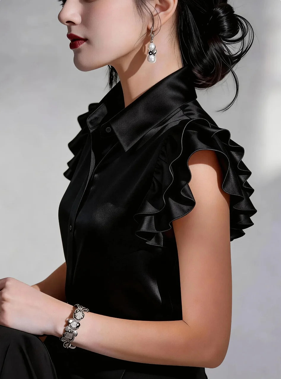 Elegant Satin Button Down Shirt for Women Ruffle Sleeve Collared Office Work Blouse