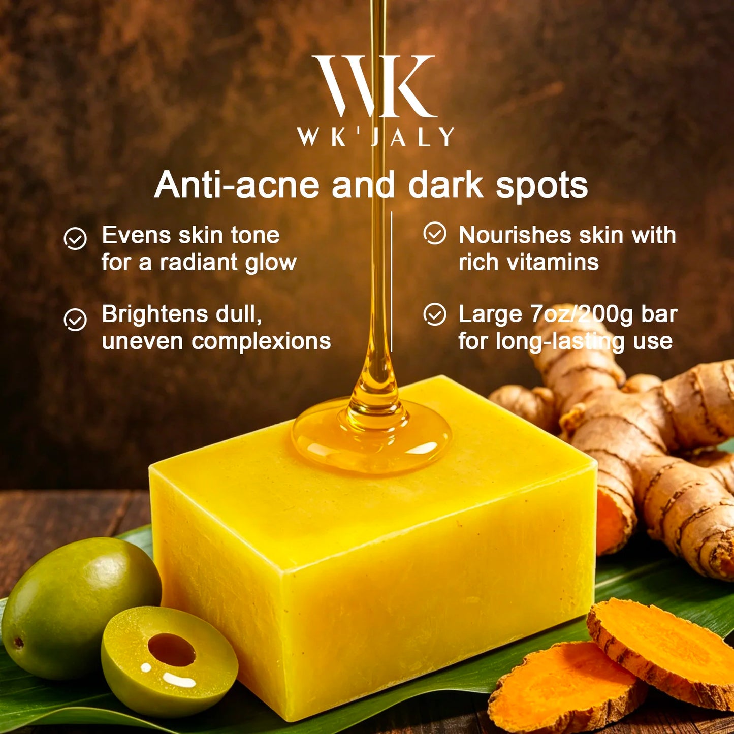 WK JALY Natural Turmeric Soap, Vitamin E + Vitamin C Body Wash, Remove Acne, Dark Spots, Even Skin Tone for Women, 200g/7oz