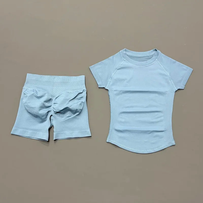2 Pieces Sports Gym Sets Women Seamless Knitted Yoga Short Sleeve Top Fitness Set Workout Running Sports Short Leggings Suit