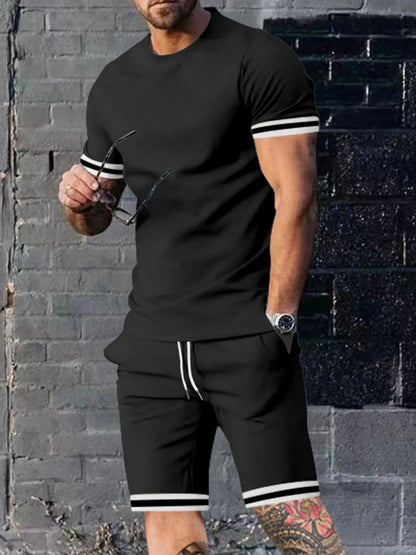 New summer men's minimalist striped printed comfortable and breathable round neck T-shirt shorts set for outdoor casual wear
