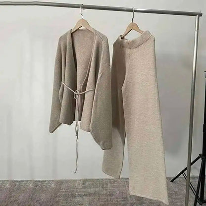 [EWQ] Fashion V-neck Long Sleeve Lace Up Sweater And High Waist Trousers Casual Women Knit Set Clothing 2025 Autumn New 16O1719