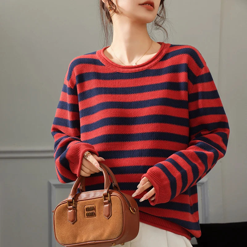 Fashion 100% pure cotton women's sweater autumn and winter casual striped knitted top loose Korean round neck women's pullover