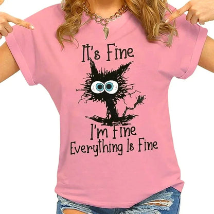 Women's Funny Cat T-Shirt – 'It's Fine I'm Fine' Slogan Tee