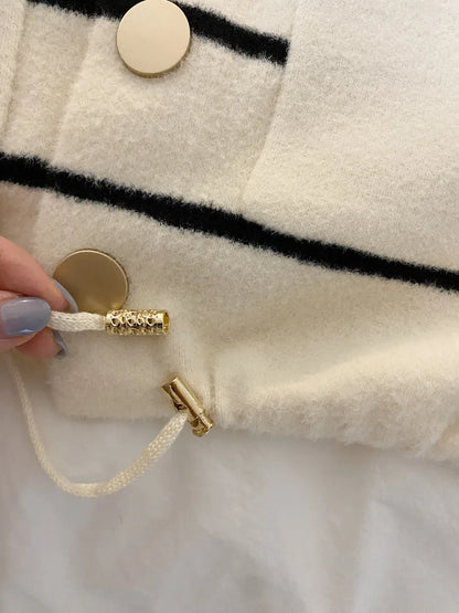 Loose Women's Knitted Cardigan Coat with Big Pockets Striped Splicing Drawstring Hem Single Buttoned Open Front Sweater
