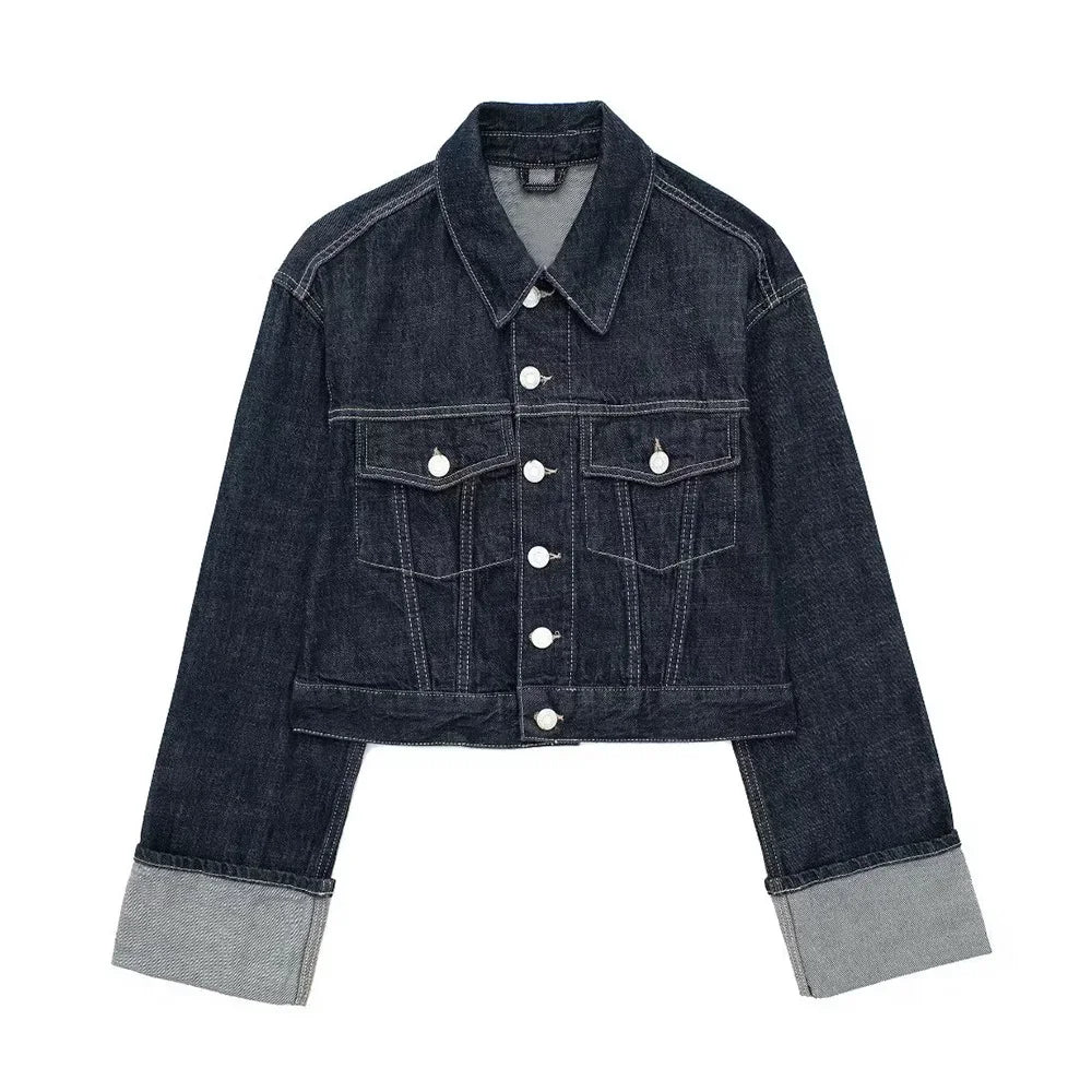 Women Denim Jacket – Single Breasted Blue Vintage Lapel Jacket With Pockets