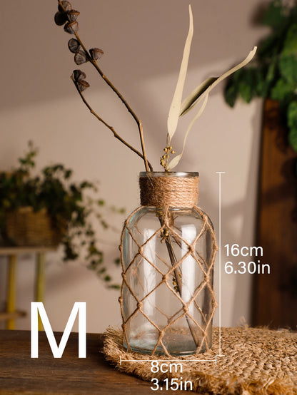 Hand Woven Hemp Rope Glass Vase - Boho Nordic Dry Flower Decor
