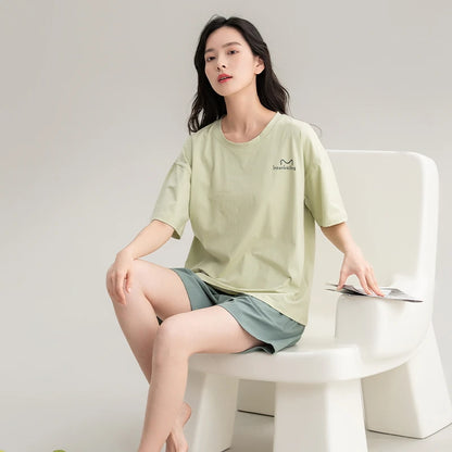 Couple Pajamas Set Summer Short-Sleeved Sleepwear 100% Cotton Men and Women Pyjamas