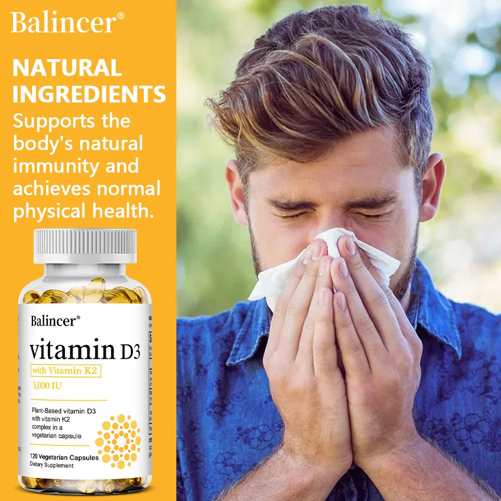 High Potency Vitamin D3 5,000 IU - 120 Vegetarian Capsules - Gluten Free Non-GMO Vitamin K2 + D3 Supplement