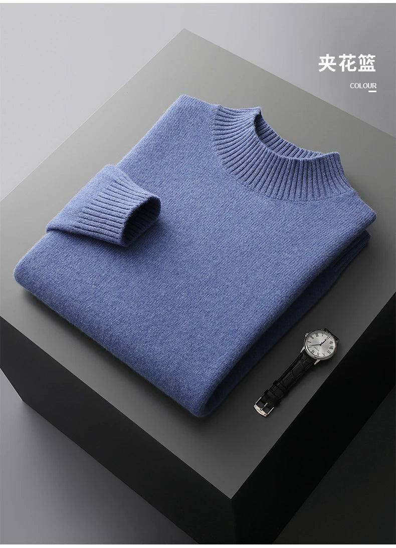Winter Double Thick Men's Cashmere Sweater With Semi-High Neck High-End Warm Wool Knitted Bottoming Shirt