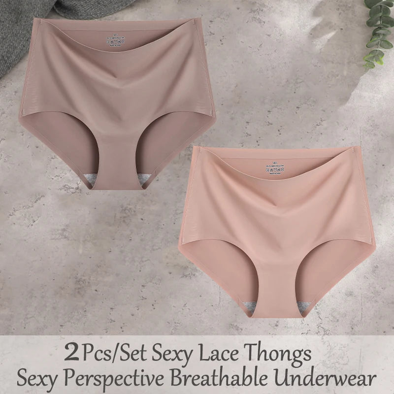 FINETOO 2Pcs/Set Summer Traceless Ice Silk Panties For Women Solid Color High Waist Underpants Female Breathable Sexy Lingerie