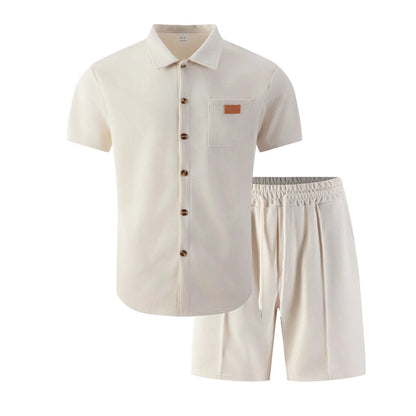 Summer New Men Waffle Knit Polo Solid Color Lapel Short Sleeve Cardigan Shirt Pocket Shorts Set Casual 2 Piece Outfit For Male