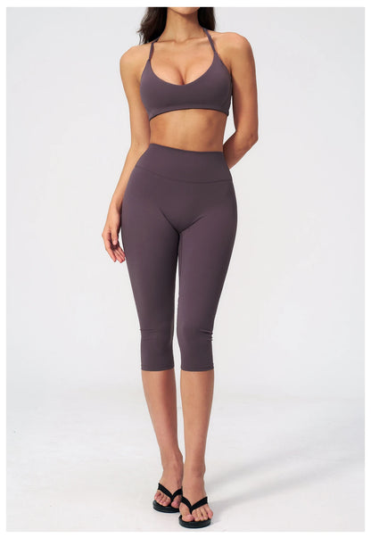 Women Tracksuit Yoga Set 2PCS Sports Set Short Sleeve Fitness Outfits Workout Clothes Running Capri Pants Gym Suit Athletic Wear